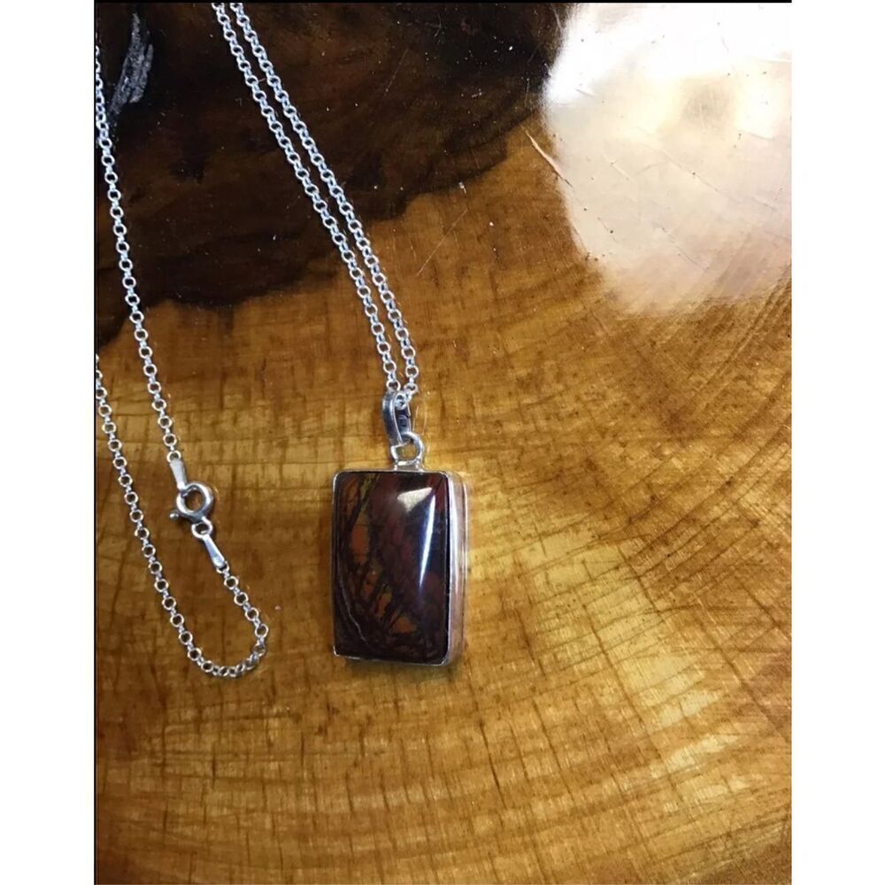 Tiger Iron Jasper and Sterling Silver Pendant Necklace, NEW, Handmade, 18”